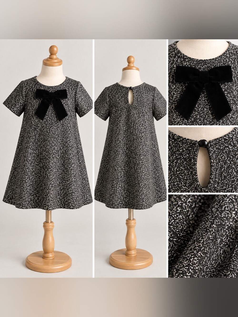 NWT H&M Girls Metallic Silver Black Bow Party Dress 3/4T